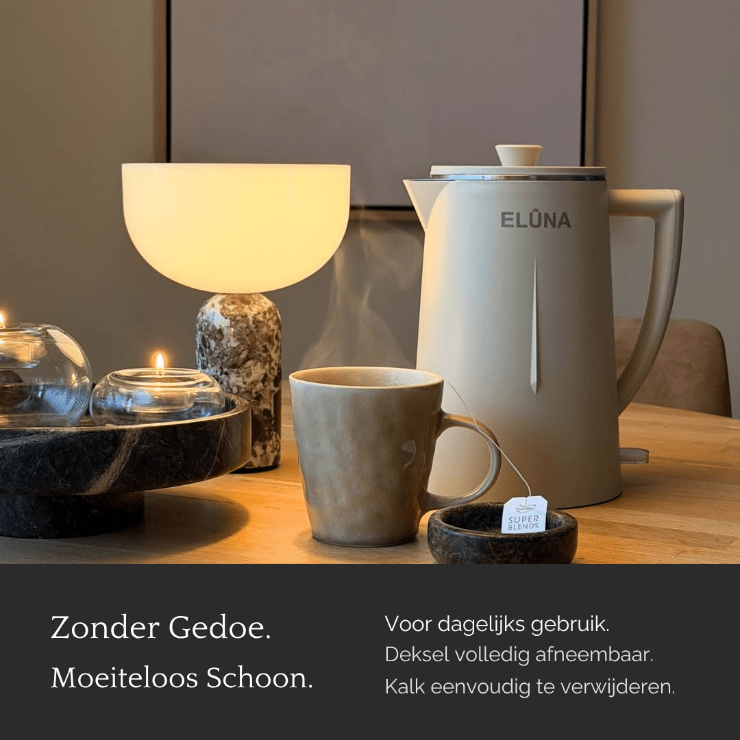 ELÛNA waterkoker 1,7 liter in pistache crème op een aanrecht, Scandinavisch design met roestvrijstalen binnenkant