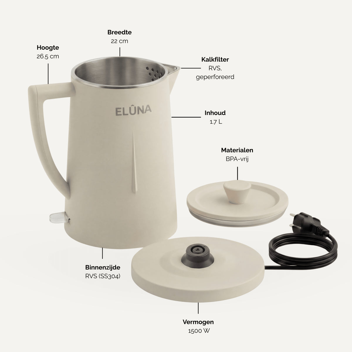 Design waterkoker ELÛNA 1,7L, tijdloos Scandinavisch ontwerp in pistache creme met RVS binnenkant
